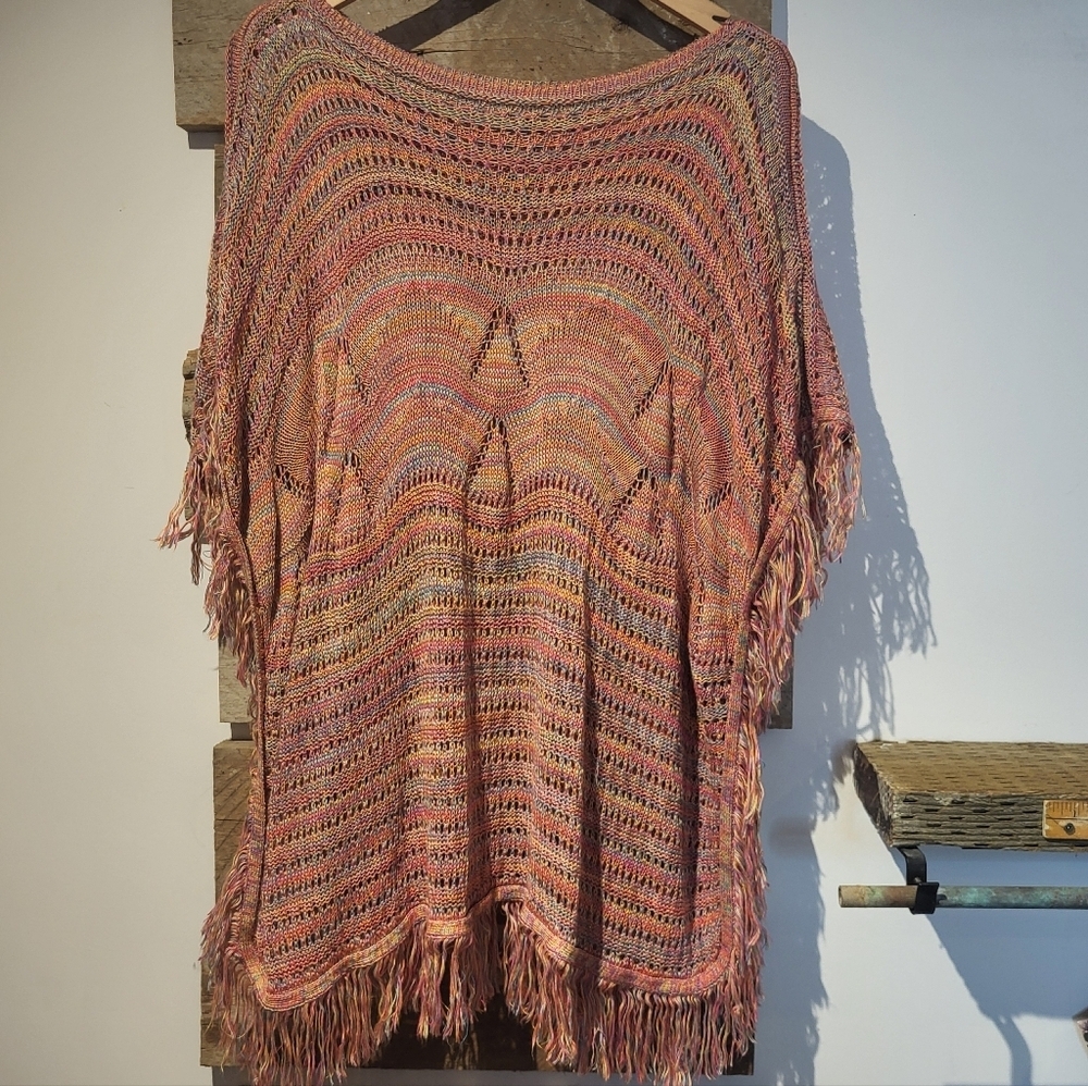 Papaya Multicolor Knit Fringe Poncho